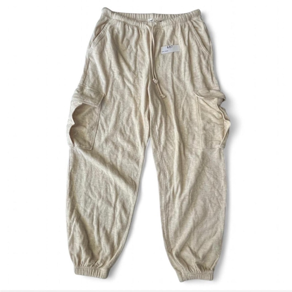 Aerie Cream Baggy Lightweight Waffle Knit Cargo Joggers w/ drawstring & pockets